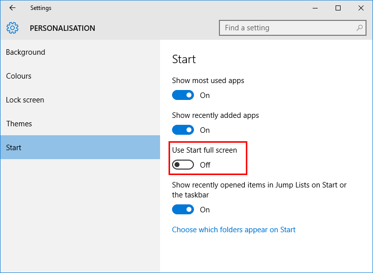 Windows 10 personalisation settings