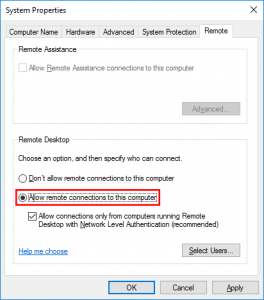 Allow remote connections to this computer