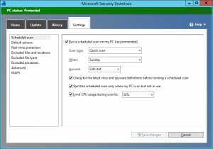 Microsoft Security Essentials Default Settings