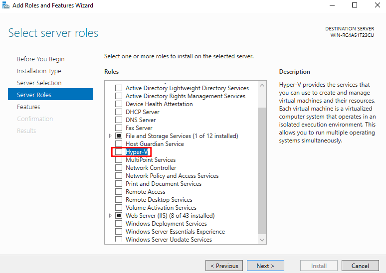 Hyper-V Select Server Roles - Windows Server 2016