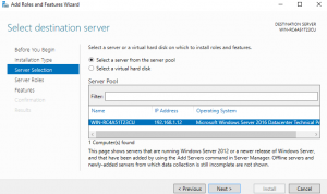 Select Destination Server Windows Server 2016