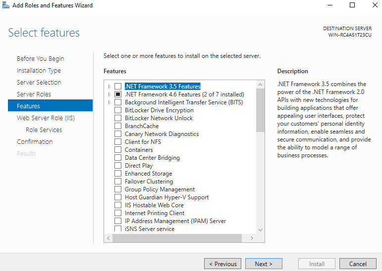 Select Features - Windows Server 2016