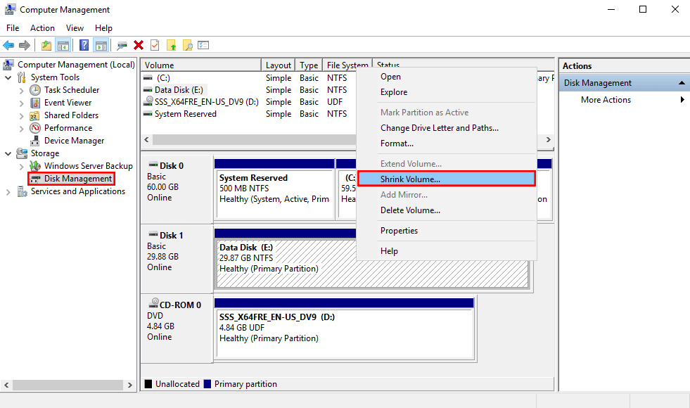 cannot shrink volume windows 7