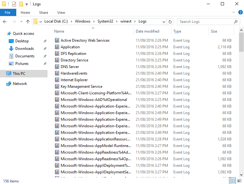 Windows Server 2016 Event Log Location