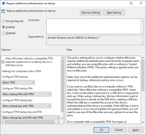 BitLocker Group Policy - Require Additional Authentication At Startup