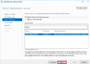 Add Roles and Features Wizard - Select destination server