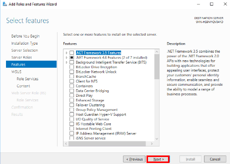 Add Roles and Features Wizard - Select features