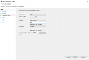 New Inbound Rule Wizard - Protocols and Ports