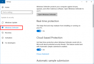 Windows Defender Settings