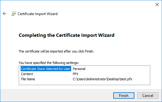 Complete Certificate Import Wizard