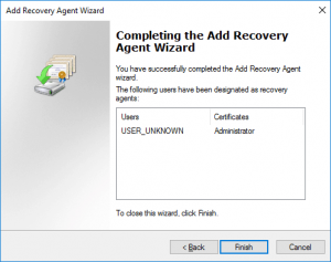 Completing the add recovery agent wizard