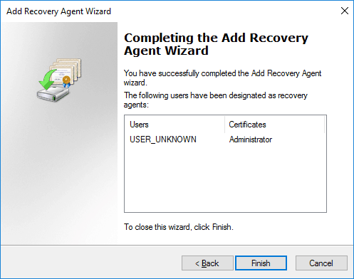Completing the add recovery agent wizard