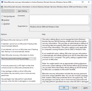 Group Policy store BitLocker recovery key in Active Directory