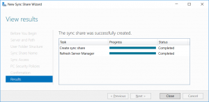 New Sync Share Wizard Results