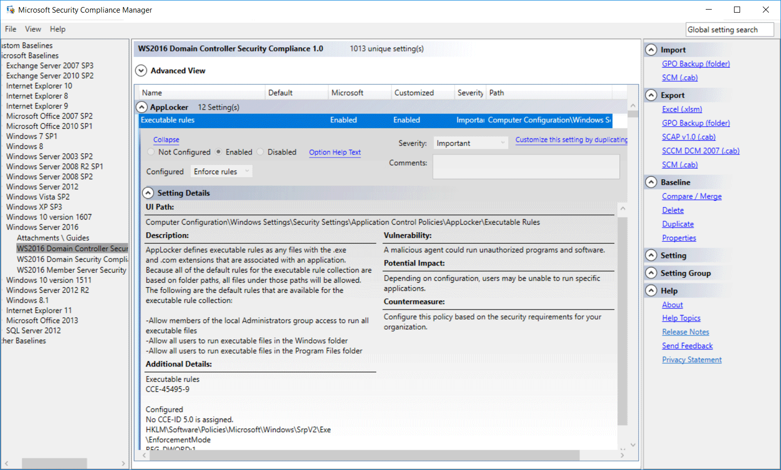 Microsoft Security Compliance Manager Baseline Setting Details