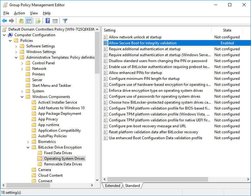 BitLocker group policy allow secure boot integrity validation