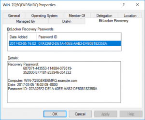 Computer properties BitLocker Recovery Tab