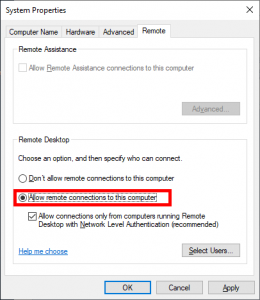 Allow Remote Connections to this Computer - Windows Server 2019