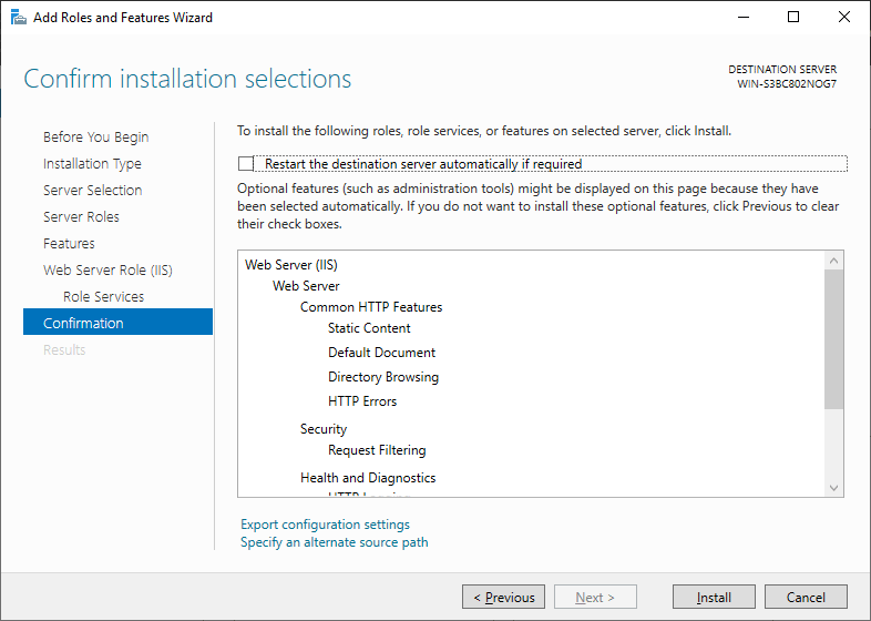 Confirm Installation Selections - Windows Server 2019