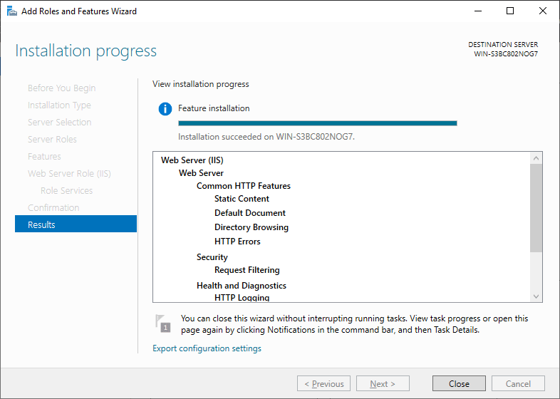 IIS Installation Progress - Windows Server 2019