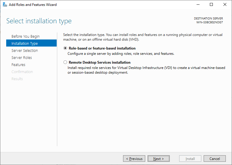 Windows Server 2019 Server Installation Type