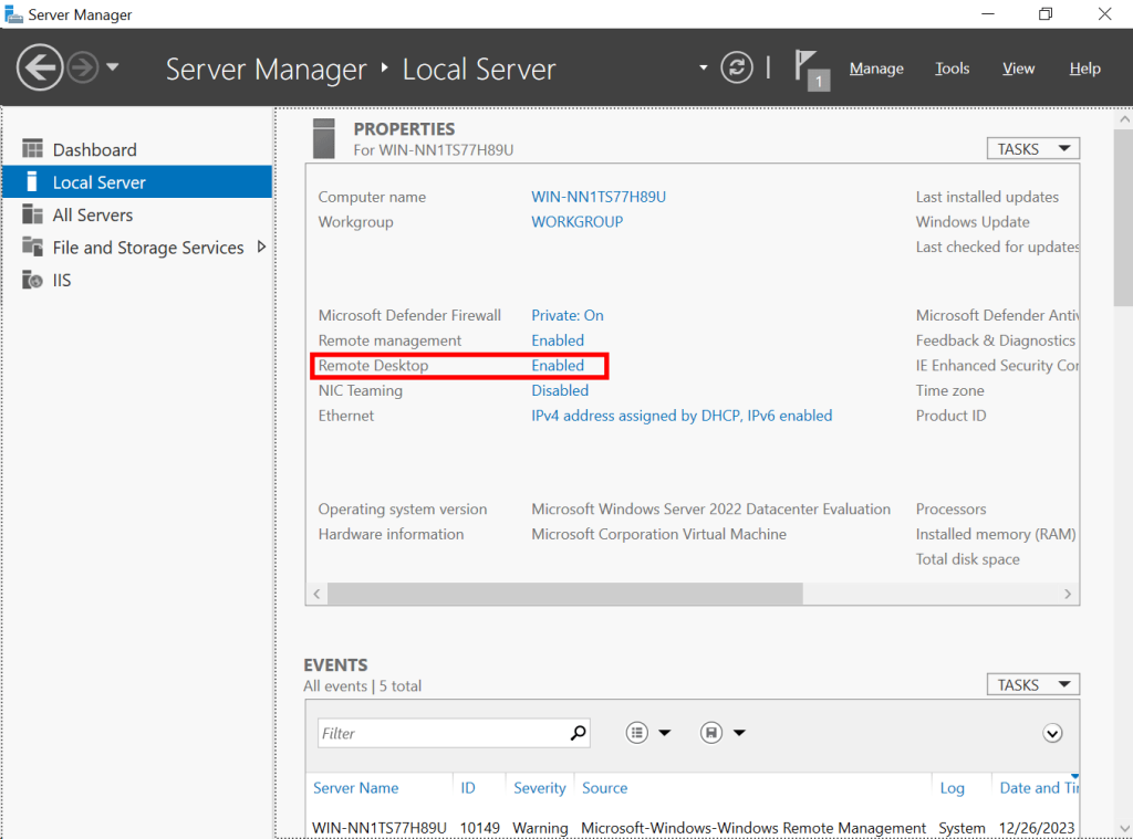 Windows Server 2022 Remote Desktop Enabled