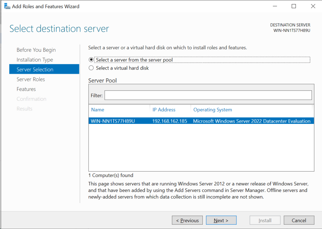 Windows Server 2022 Select Destination Server